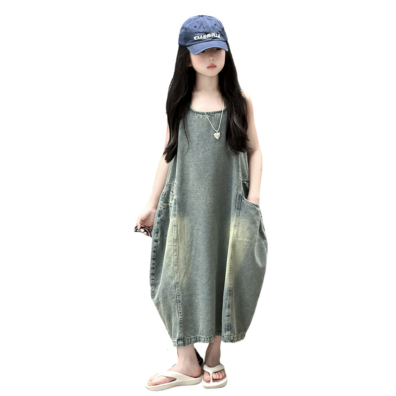 Summer Clothing Girl - 빈티지 블루 어린이 소녀 고품질 민소매