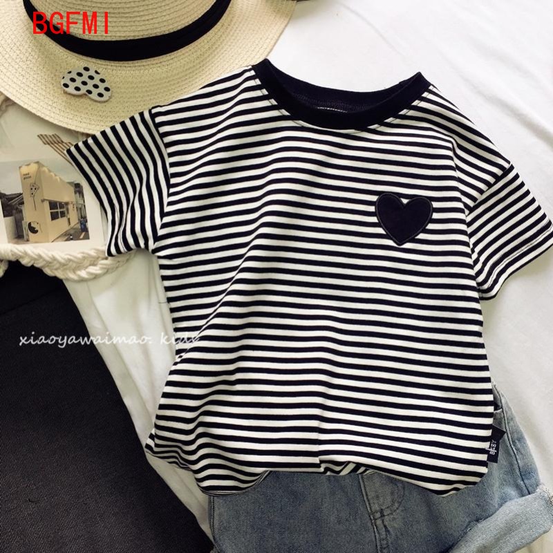 Summer Loving Kids Clothing - 십대 소녀 코튼 스트라이프 반팔 티셔츠,